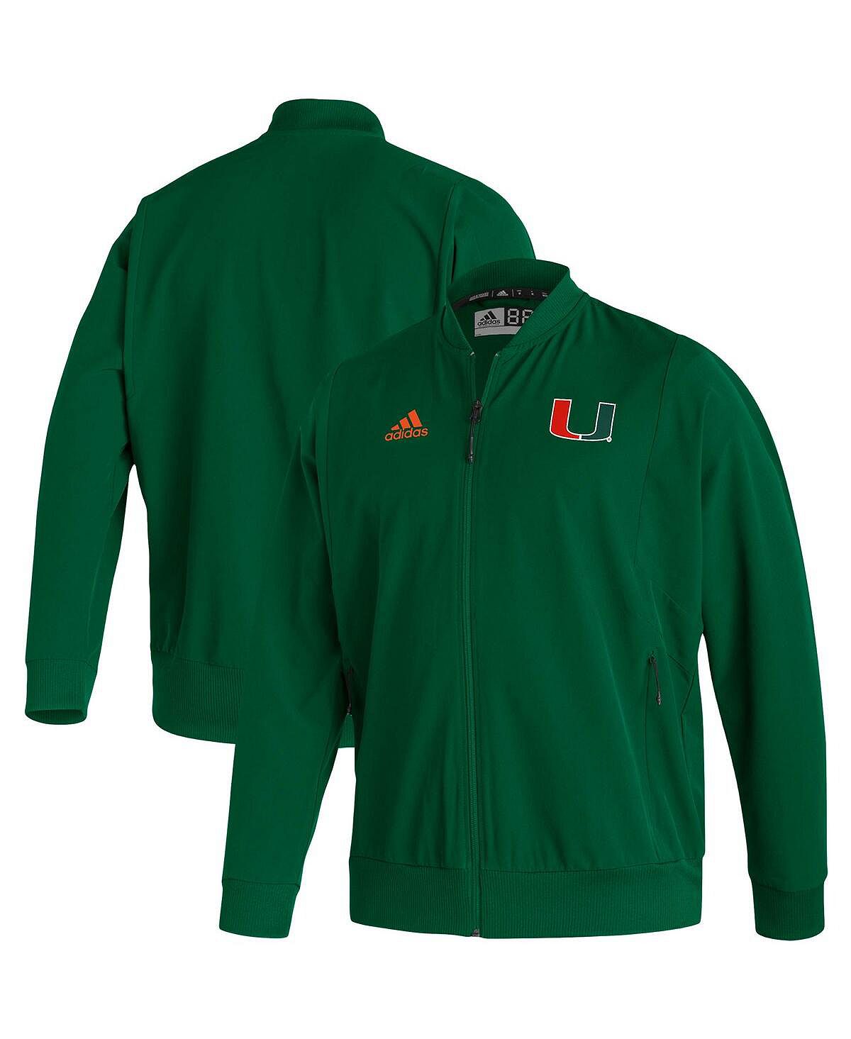 

Мужская зеленая куртка-бомбер miami hurricanes 2021 sideline из тканого материала primeblue с молнией во всю длину adidas, темно-зеленый