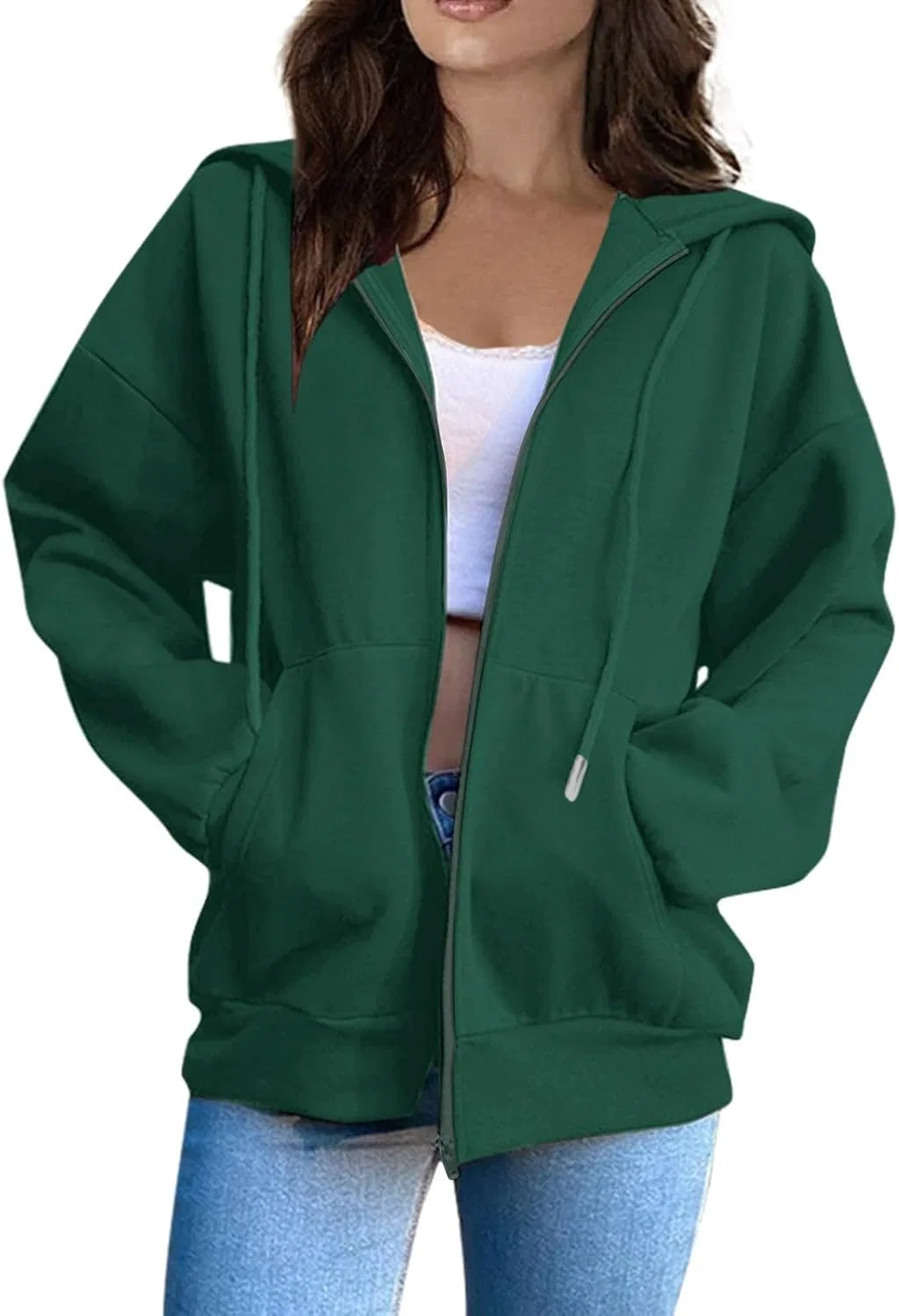Женское худи на молнии оверсайз с флисом, S117-dark Green