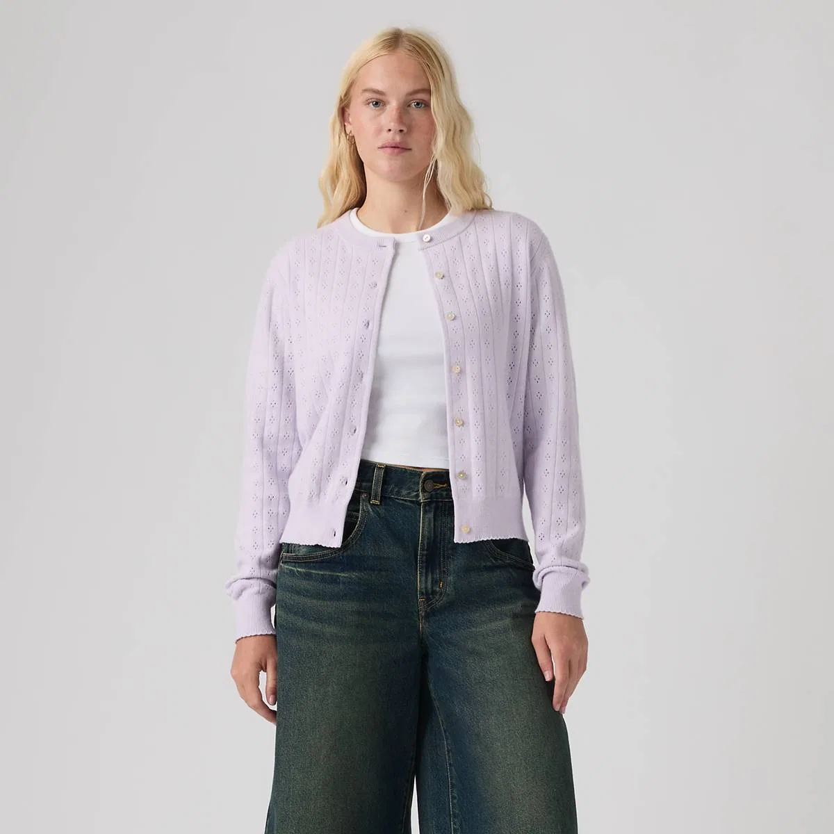 Очень мягкий ажурный кардиган с круглым вырезом Levi's, Lavender Blue - Blue — фото 3