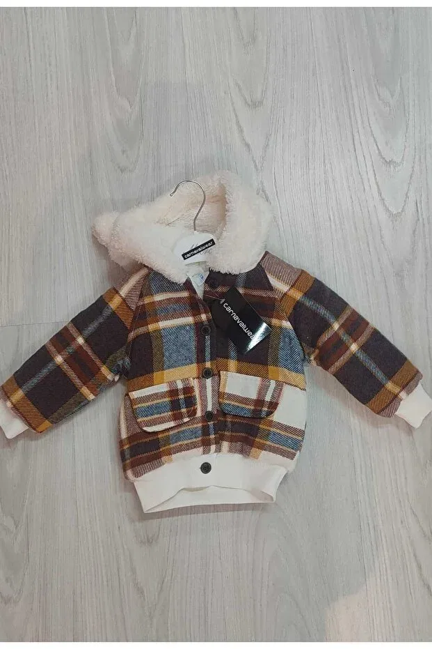 Детское зимнее пальто для девочек с капюшоном Plaid baby coat Carnavalkids, Brown — фото 2
