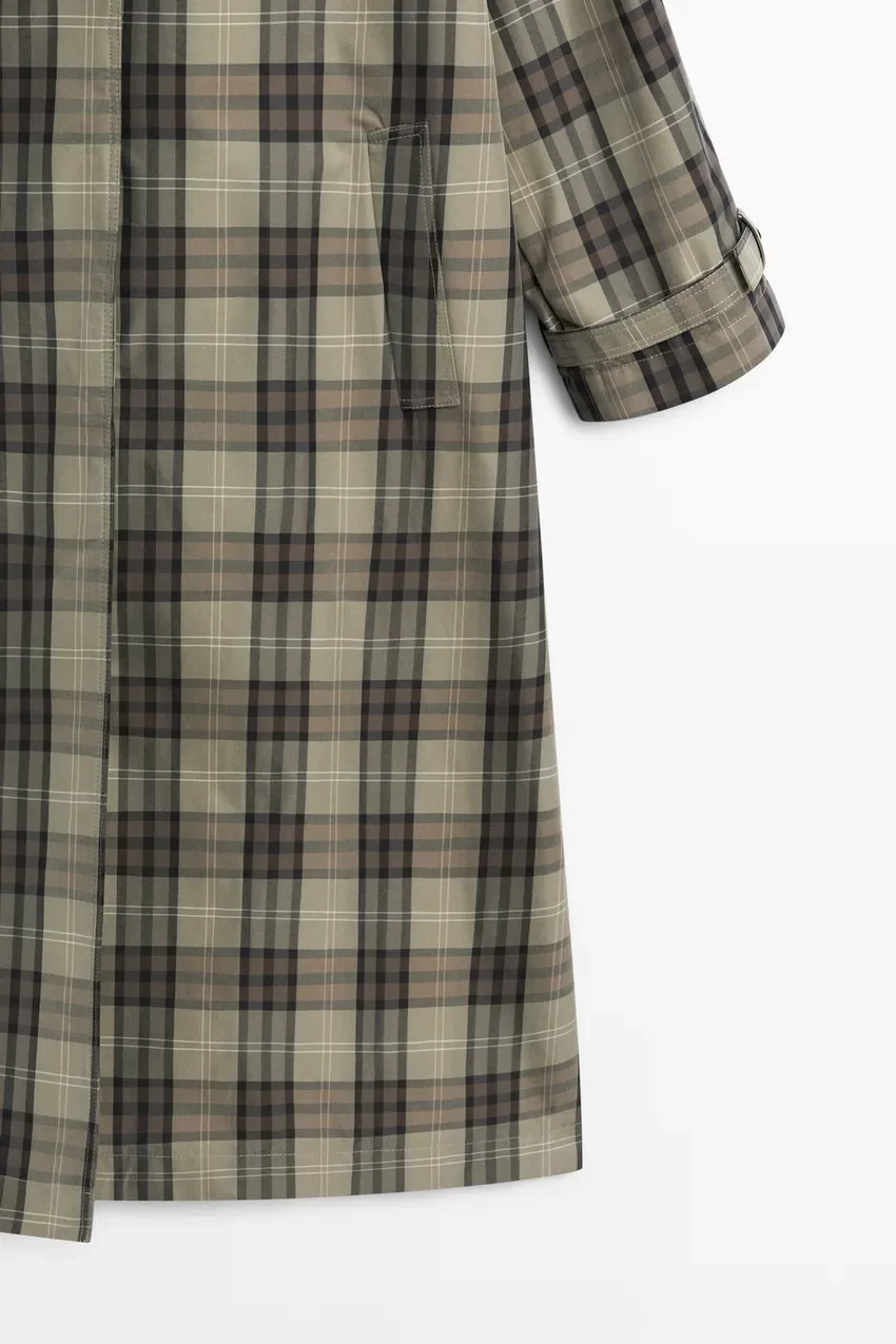 Пальто Massimo Dutti Long Cotton Blend Plaid Trench, зеленый/коричневый — фото 4
