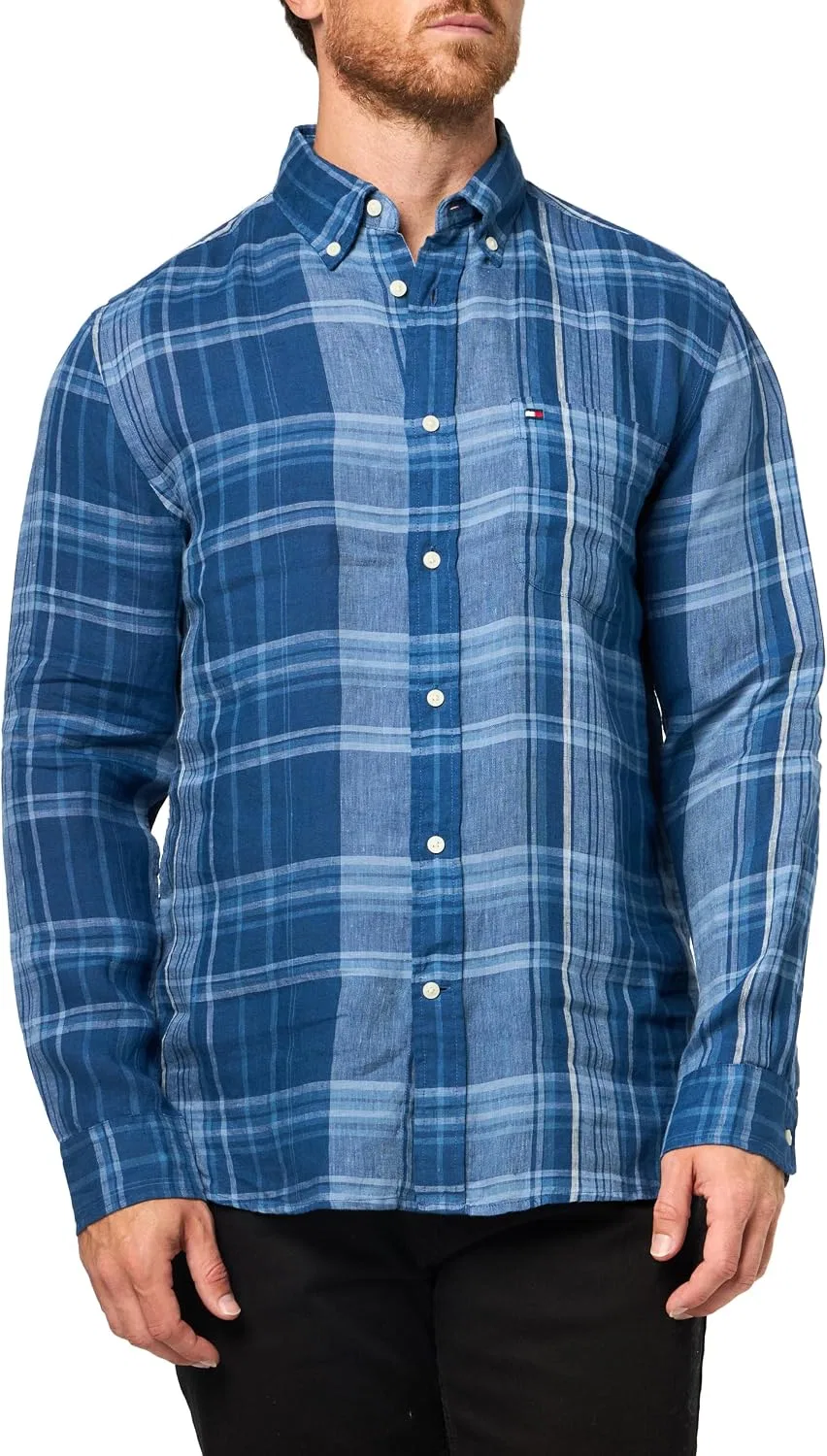 Мужская рубашка на пуговицах с длинным рукавом, льняная, Tommy Hilfiger, Brisk Blue Check — фото 3