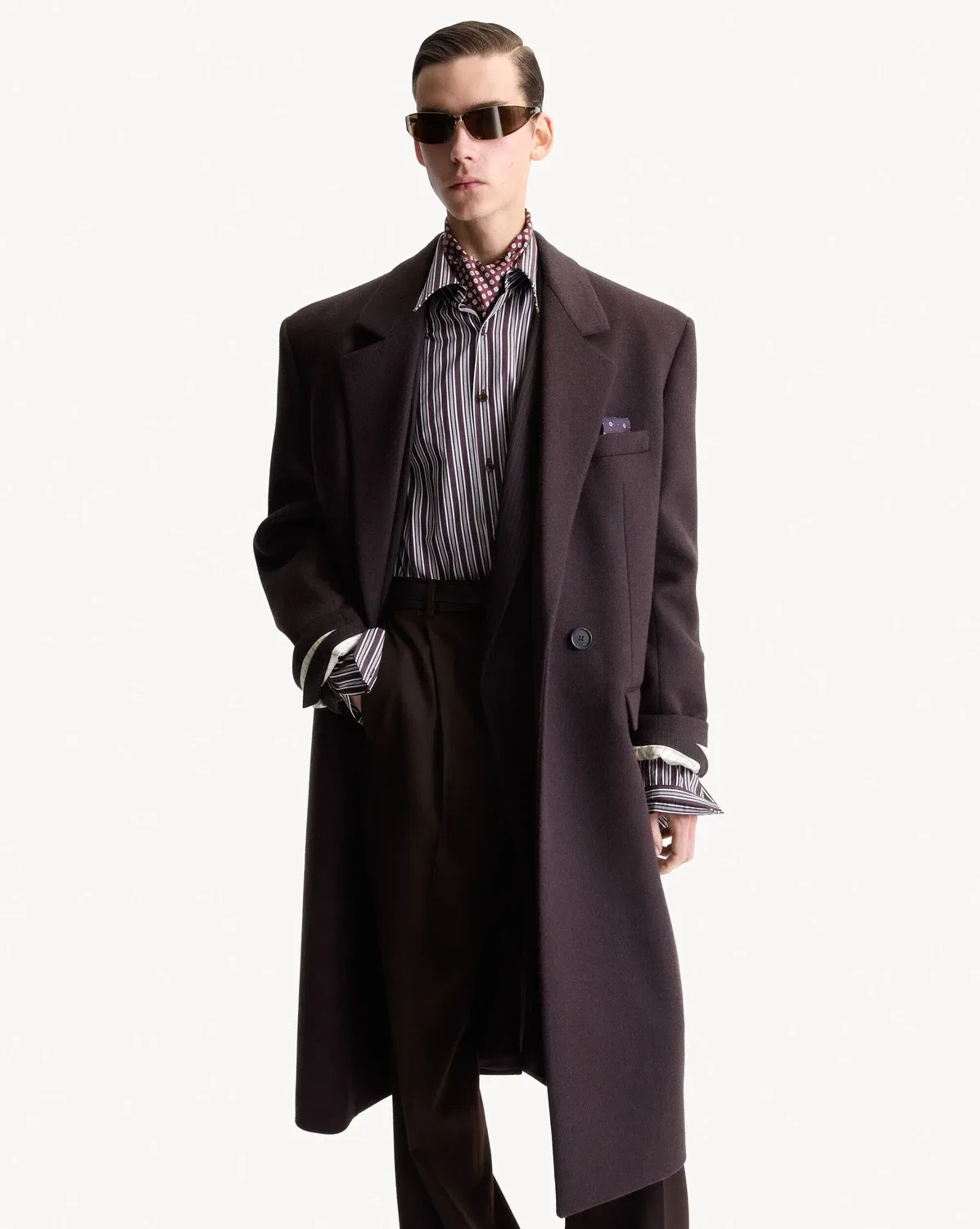 Пальто в стиле 80-х из двухстороннего шерстяного фетра с начесом SAINT LAURENT, коричневый — фото 2
