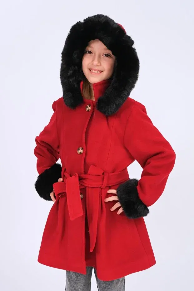 Детское пальто для девочек с капюшоном Fur Detailed Hooded Belted Cashmere Coat Perendi, Red
