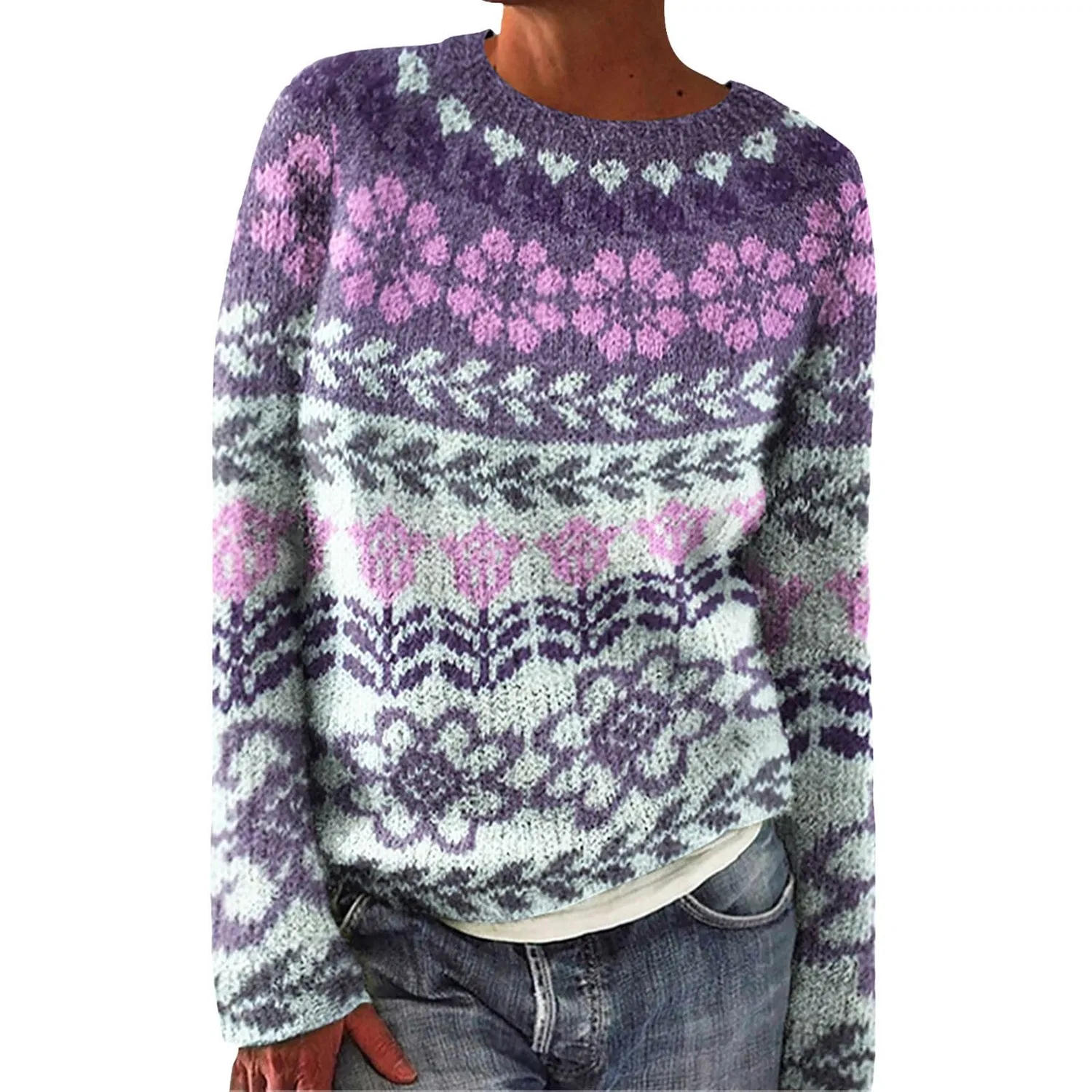 Женский свитер с длинным рукавом Norwegian Women's Winter Warm Chic Elegant Sweater, W-purple — фото 3