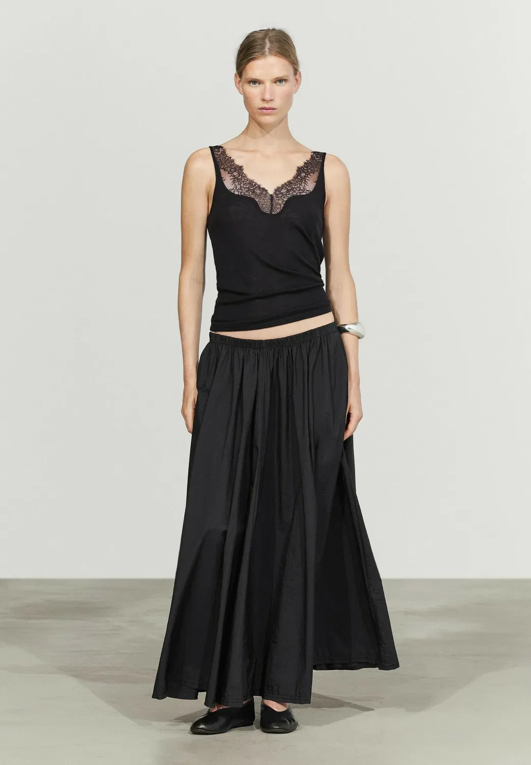 Топ-Майка с кружевной отделкой и бретелями Massimo Dutti, Black — фото 2