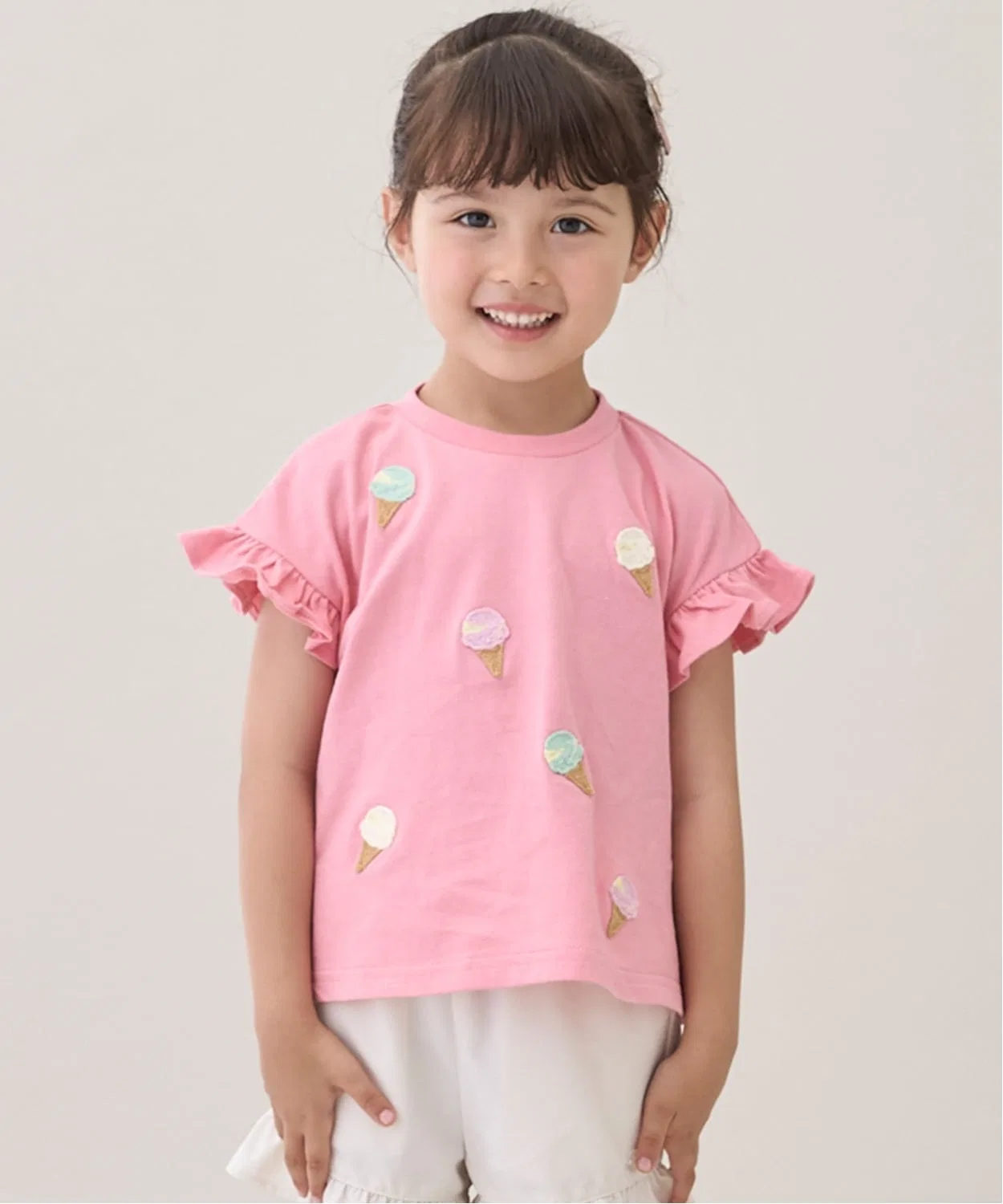 Детская футболка с фриллами и вышивкой, с коротким рукавом, petit main, Pink