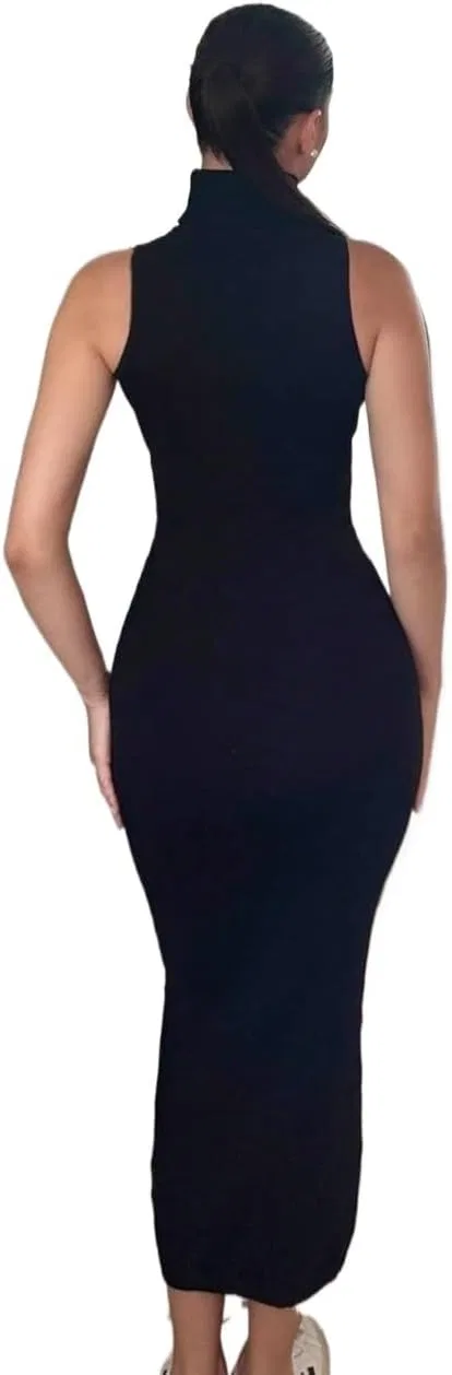 Женское облегающее платье с высоким воротником без рукавов Rib-Knit, Black — фото 2