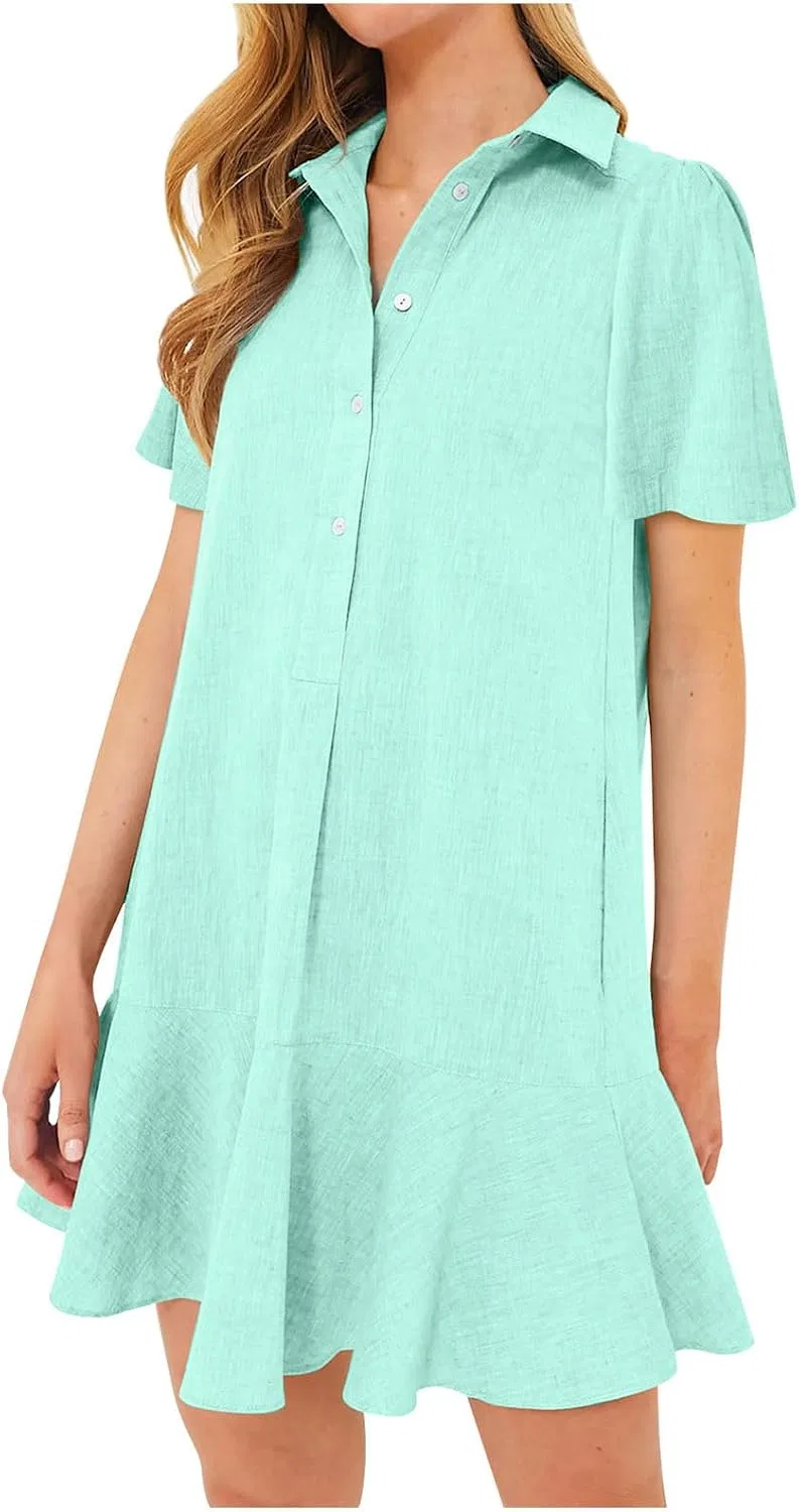 Женское платье-рубашка с воротником и рюшами, Mint Green