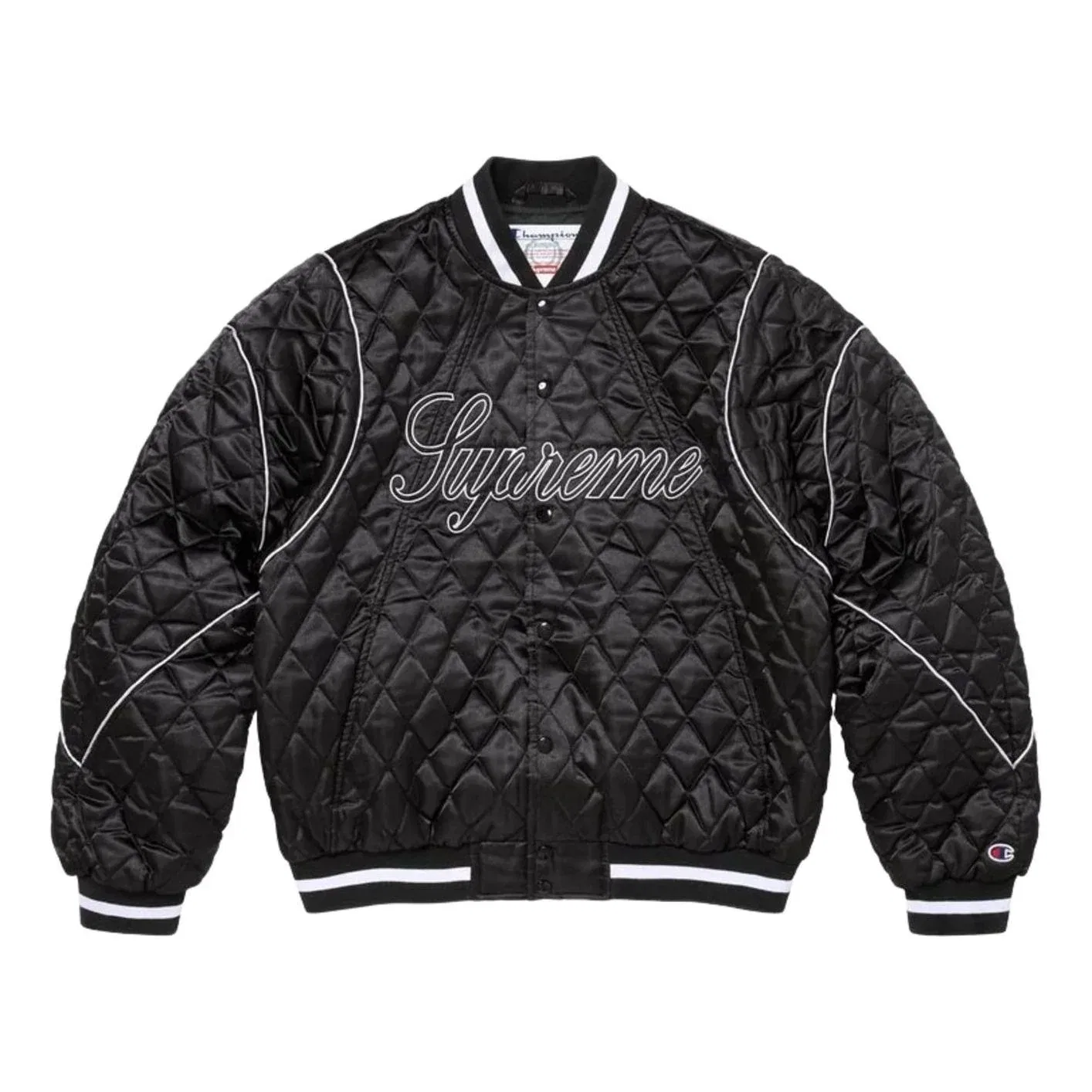 Мужская куртка Champion FW26 Quilted Satin Varsity Jacket 'Black' Supreme, черный