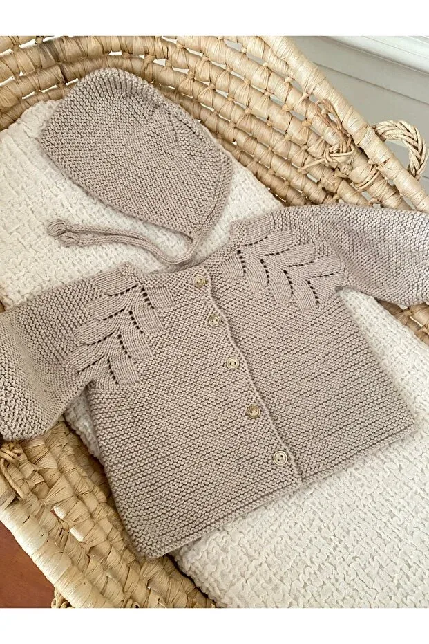 Детский кардиган с ажурным узором комплект с шапочкой Florijee, Beige