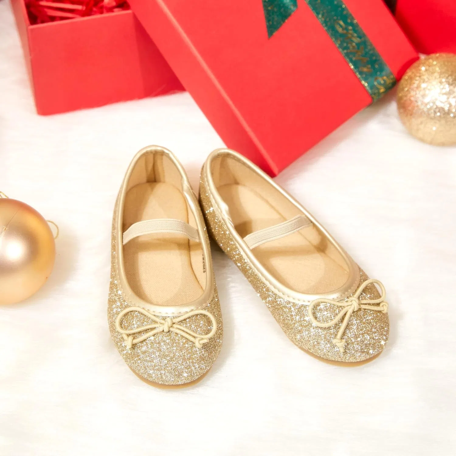Детские балетки для девочек с эластичными ремешками PHIRAMIN, Sequin Gold — фото 2