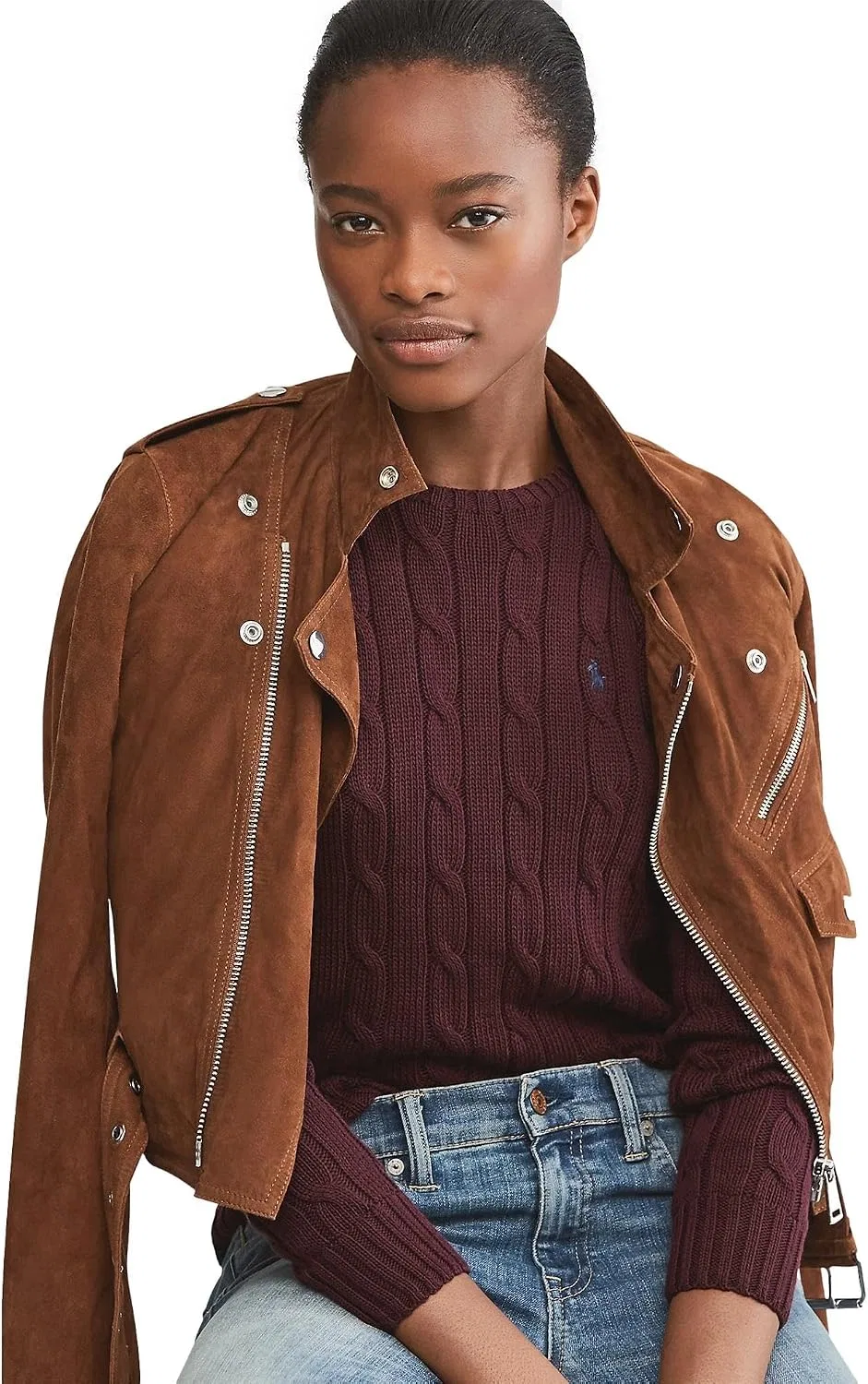 Женский пуловер с круглым вырезом и косами, модель Pony Logo, POLO RALPH LAUREN, Aged Wine — фото 2