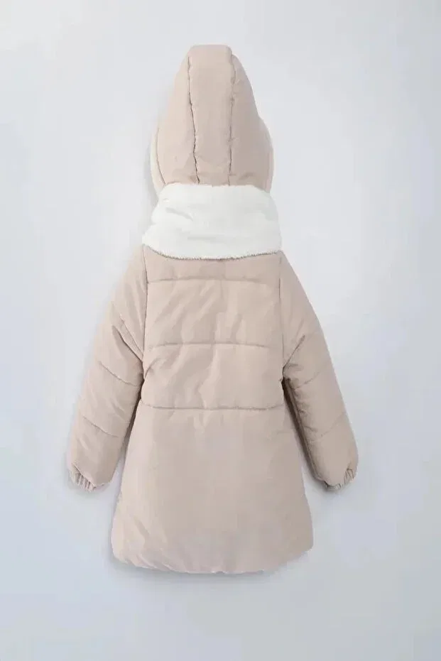 Детское зимнее пальто для девочек с капюшоном из овчины Dekubaby, Beige — фото 4