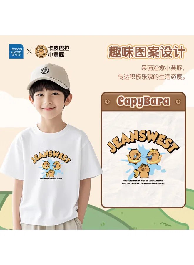 Футболка с принтом унисекс для детей Capybara x little yellow dolphin co-branded collection summer 2025 Jeanswest, розовый — фото 3