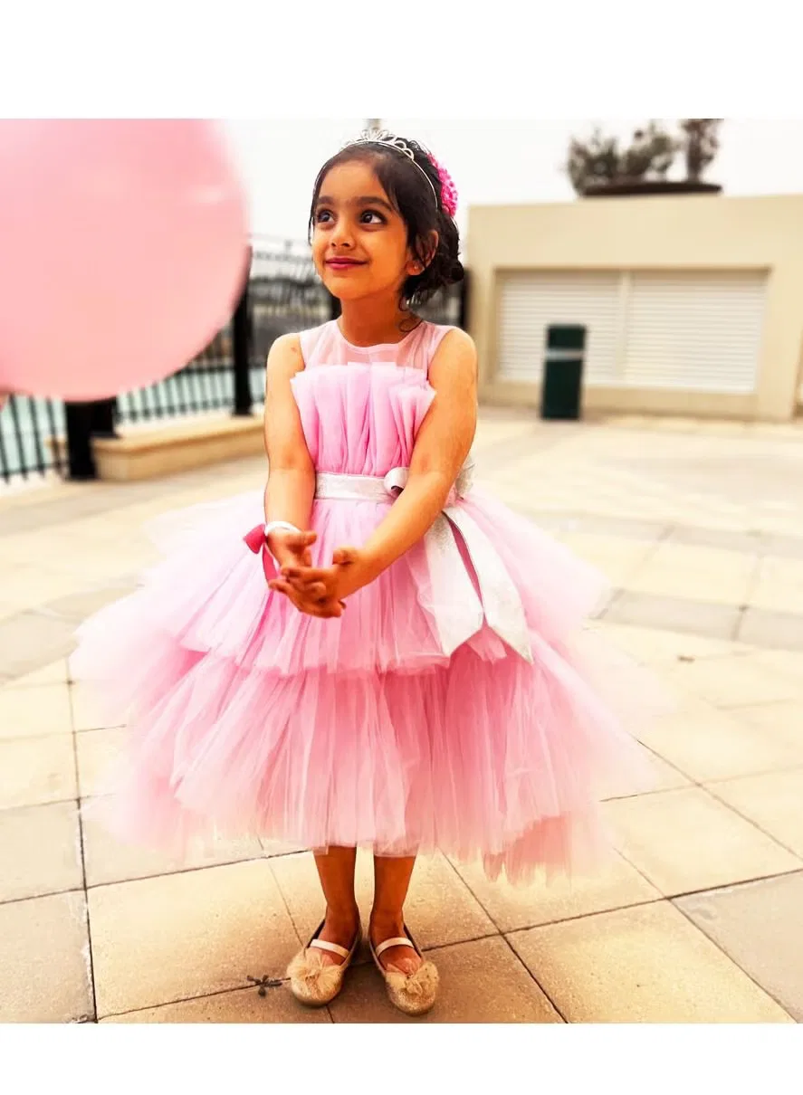 Платье без рукавов с рюшами Twinklesoft mesh layered high and low hem Twinkle Kids, розовый