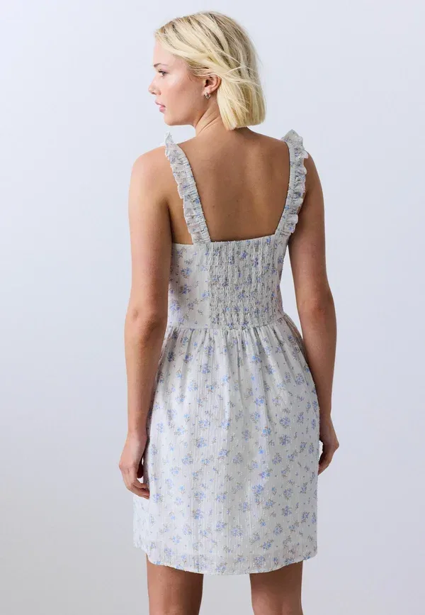 Платье летнее мини с оборкой, Tall fit - frill edge mini summer dress, Next, ecru floral, экрю — фото 2