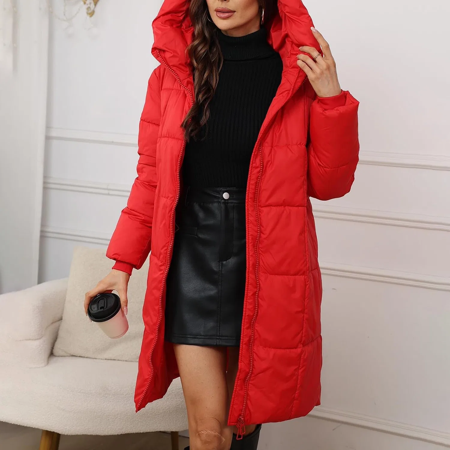 Женское длинное стеганое пальто с капюшоном Winter Coats for Women UK Warm Long Padded Women's Lightweight Windproof Quilted Down Jacket Coat Outdoor Hiking Parka Jackets Outwear Hooded Fashion, Red — фото 3
