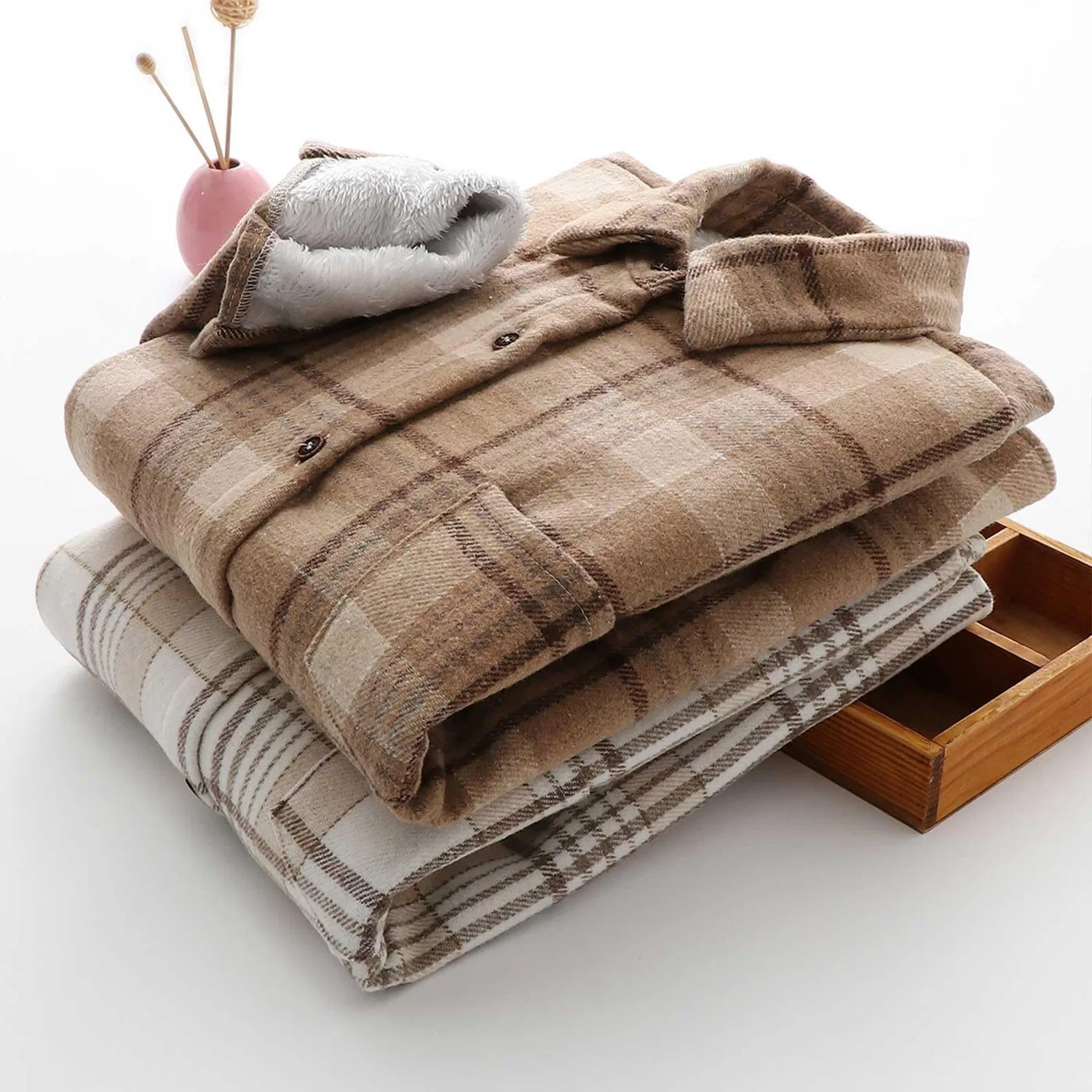Женское пальто с принтом Autunno/Inverno Caldo Plaid Camicia con Sciolto Monopetto Cappotto Donna Giacche di Formato Alto, Cachi — фото 4