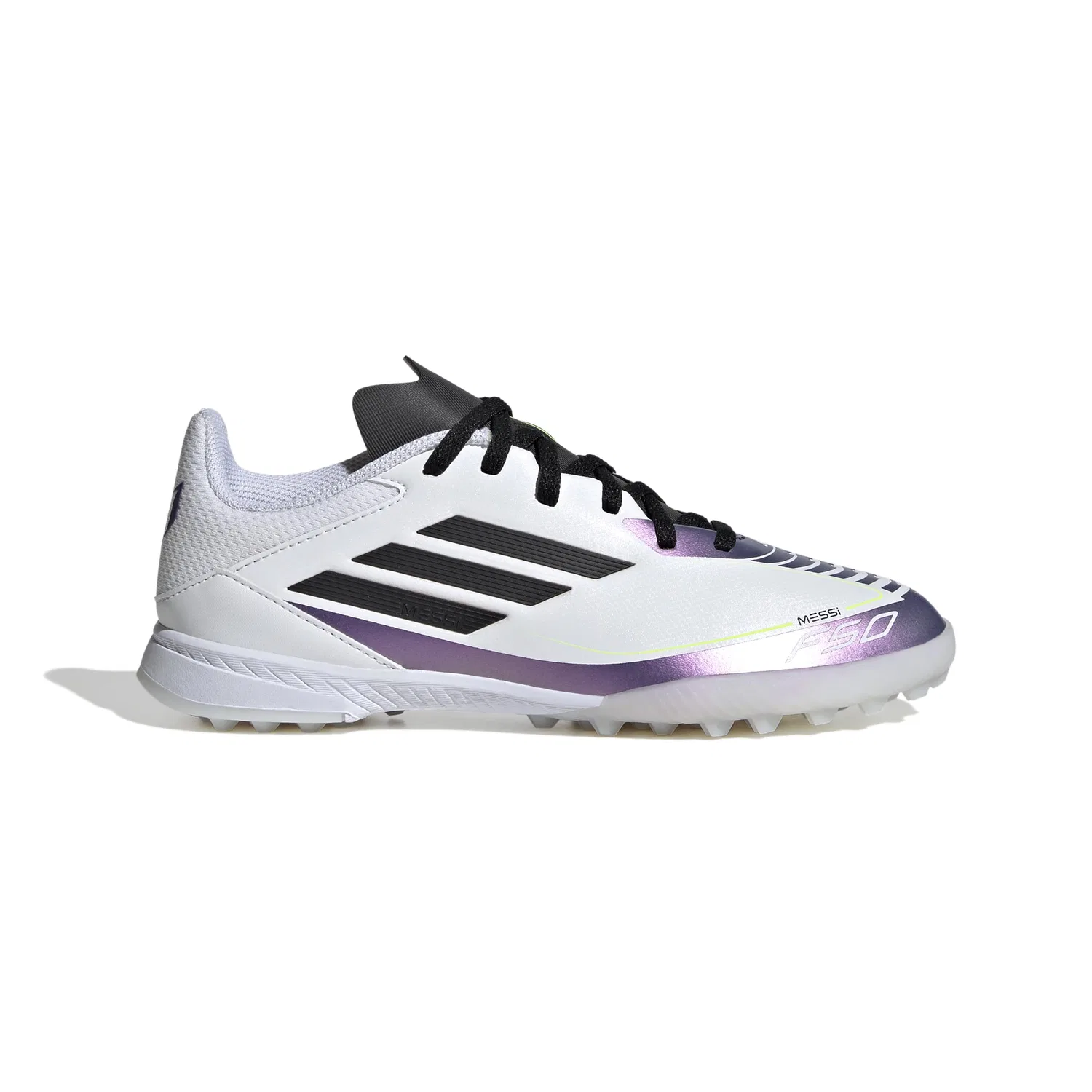 Детские футбольные бутсы для мальчиков с шипами F50 League Messi Turf Adidas, White Black Purple Solid Color