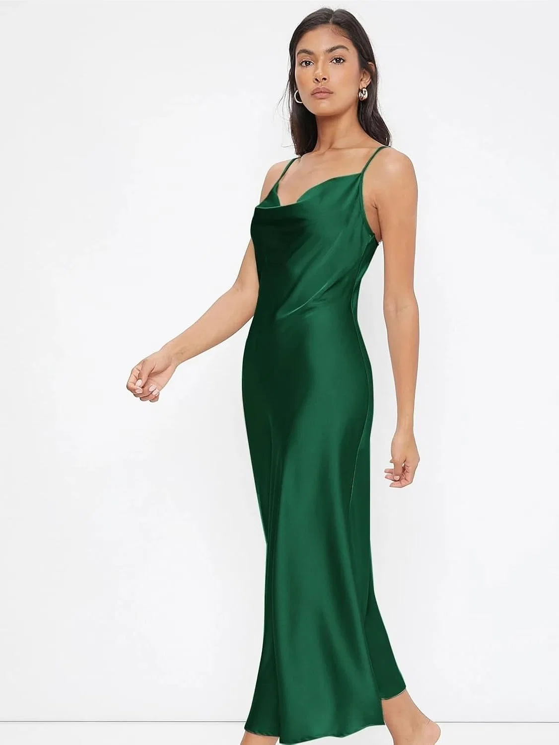 Женское длинное платье на бретельках-спагетти из сатина, Dark Green — фото 3