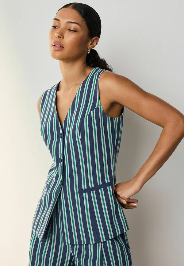 Жилет из льна с хлопком, полосатый, Waistcoat Next, navy green stripe, темно-зеленый