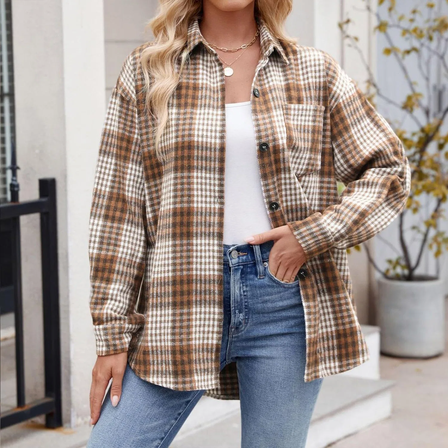 Женская флисовая куртка с принтом в клетку Ladies Check Button Down Long Sleeve Jacket Two Tone, Mocha — фото 2