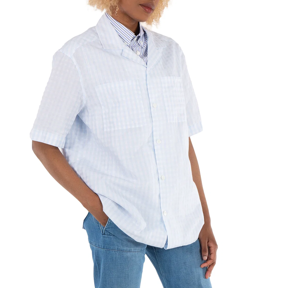 Рубашка оверсайз с принтом в клетку Gingham Check Print Oversized Shirt Burberry, Pale Blue — фото 2