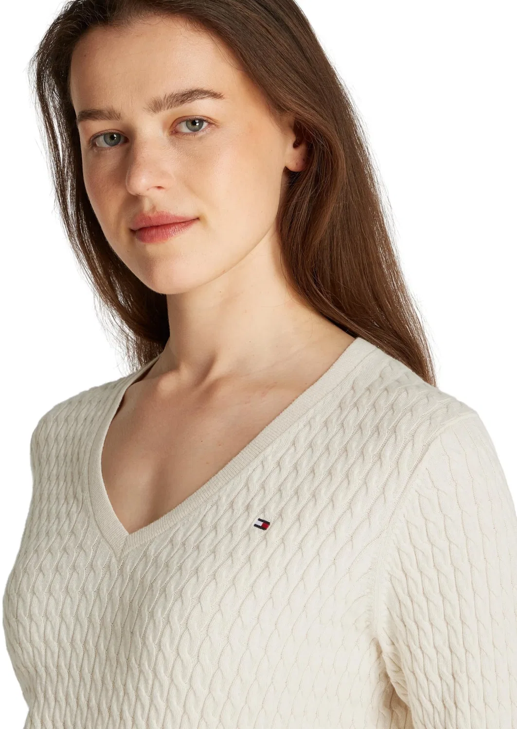 Женский пуловер с V-образным вырезом Co Cable Fine GG Tommy Hilfiger, Beige (Heather Ivory Petal) — фото 4