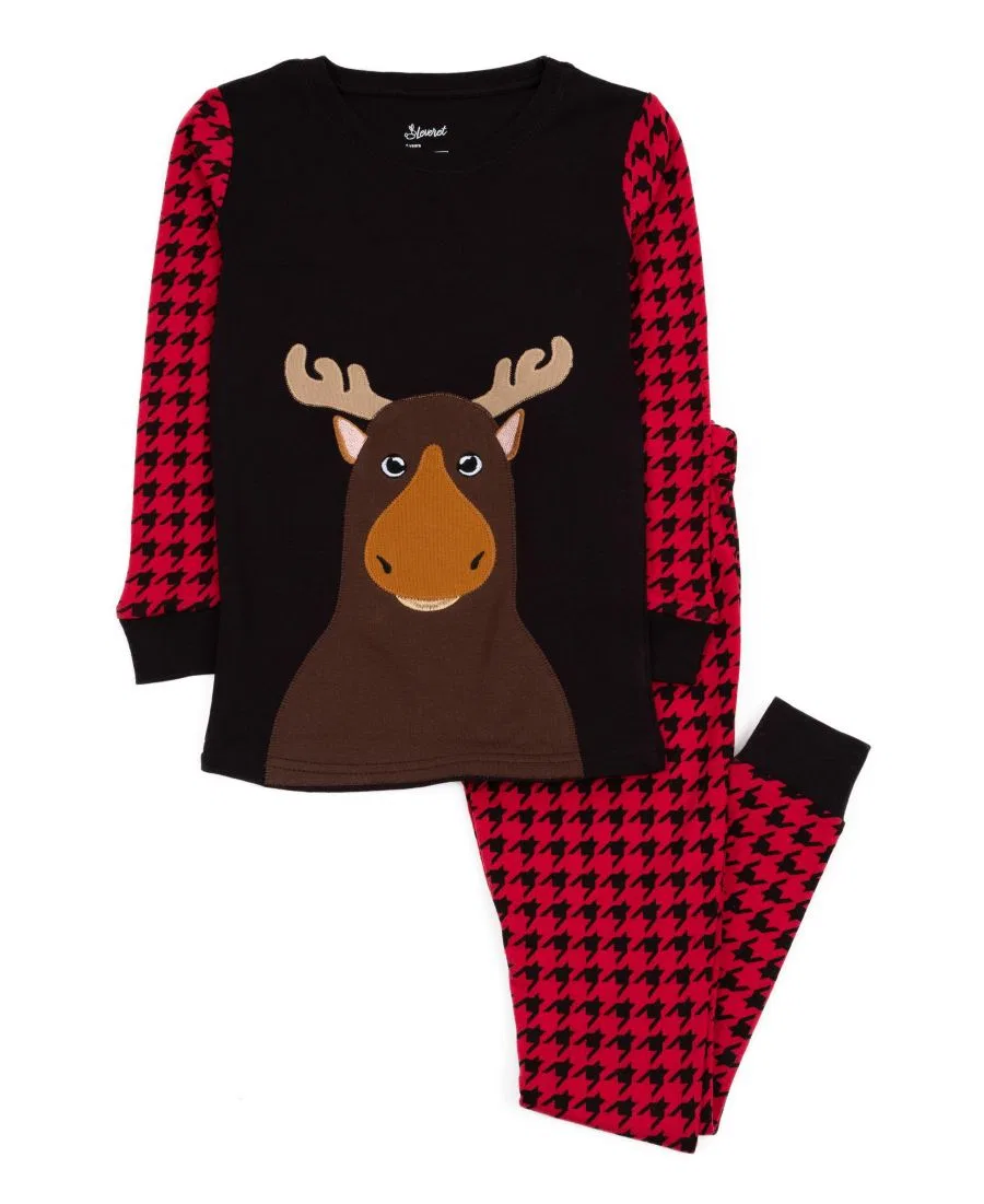Комплект пижамы из 2 предметов с длинным рукавом, с принтом, Cozy Critters Leveret, Moose Red & Black Houndstooth