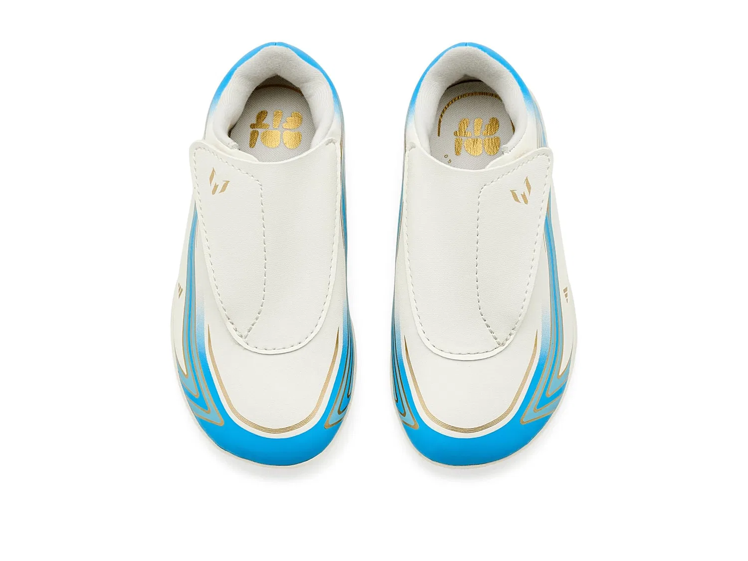 Бутсы F50 Messi Club Velcro Firm Ground/Multi Ground Football (для маленьких детей и малышей) Adidas Kids, Ivory/Semi Blue Burst/Icey Blue — фото 3