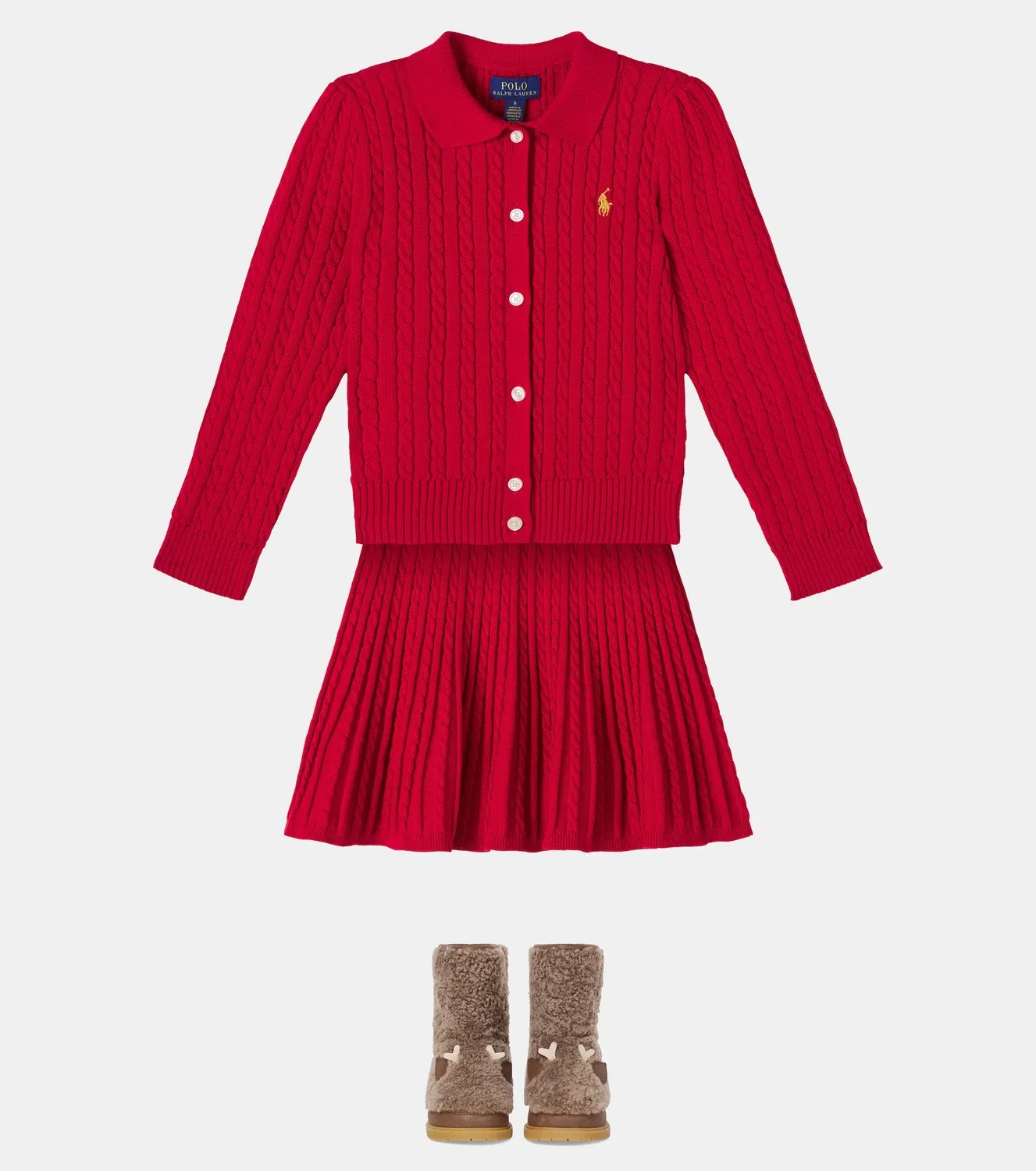 Комплект из кардигана и юбки с воротником поло Polo Ralph Lauren Kids, красный — фото 2