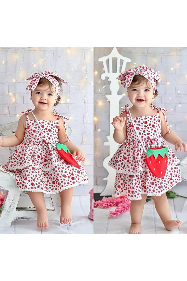 Детское платье для девочек с принтом Strawberry patterned girl's dress including bandana and bag Generic Brands, White