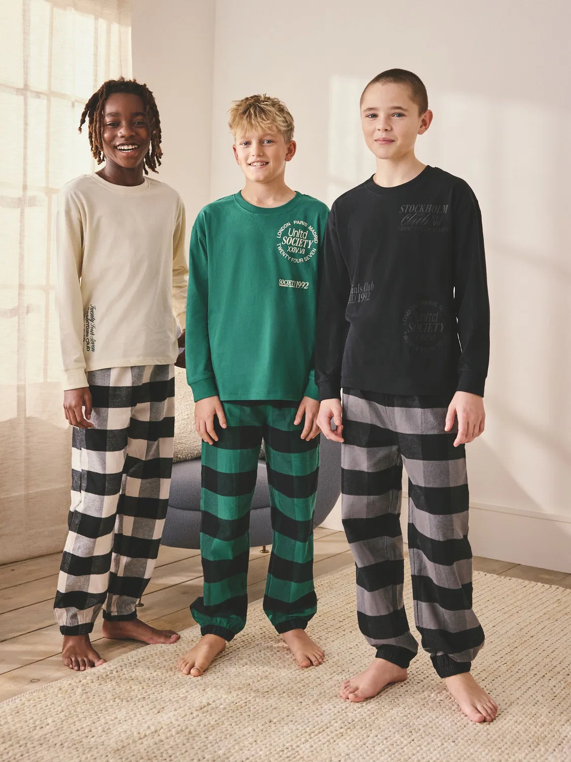 Пижама 3 шт., хлопок, Woven Check Pyjamas Next, черный/зеленый/белый