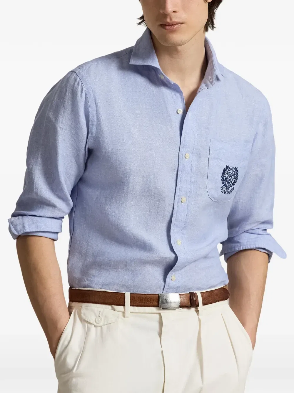Льняная рубашка с вышитым карманом Polo Ralph Lauren, синий — фото 3