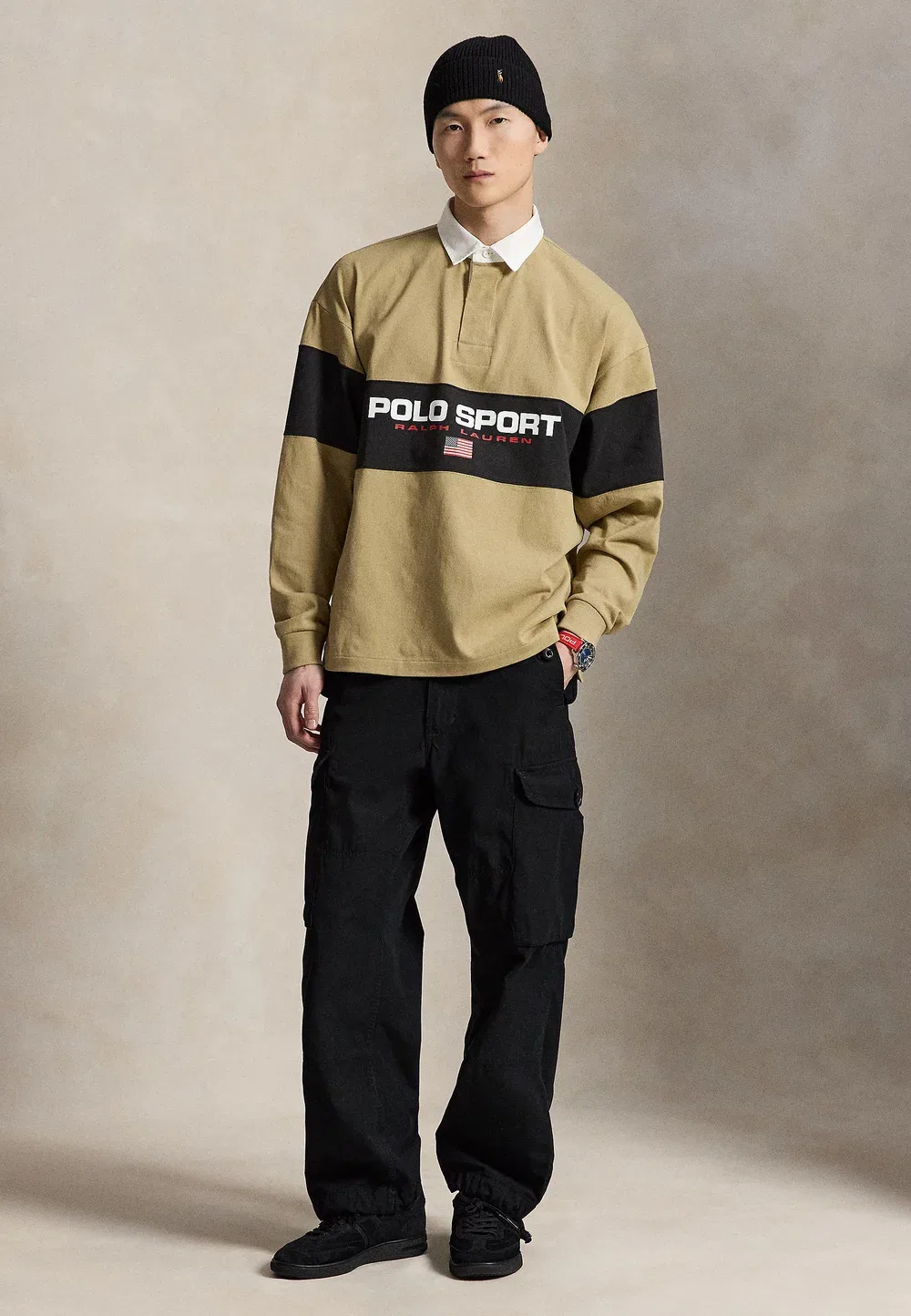 Свободная спортивная рубашка-поло для регби с длинными рукавами Polo Ralph Lauren, Rl Khaki/Black Boot — фото 2