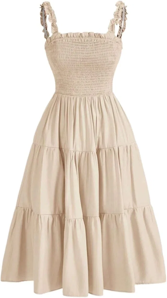 Женское летнее платье с рюшами на высокой талии, Beige
