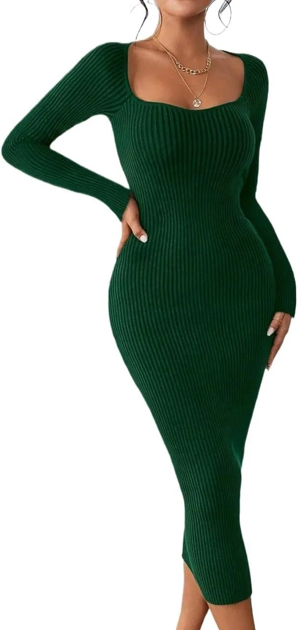 Женское облегающее платье миди с длинным рукавом, Dark Green