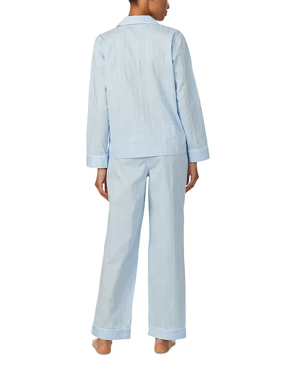 Женская пижама с принтом Dog Embroidery Textured Woven Long Sleeve Notch Collar Long Pant Pajama Set Ralph Lauren, Light Blue Stripe — фото 3