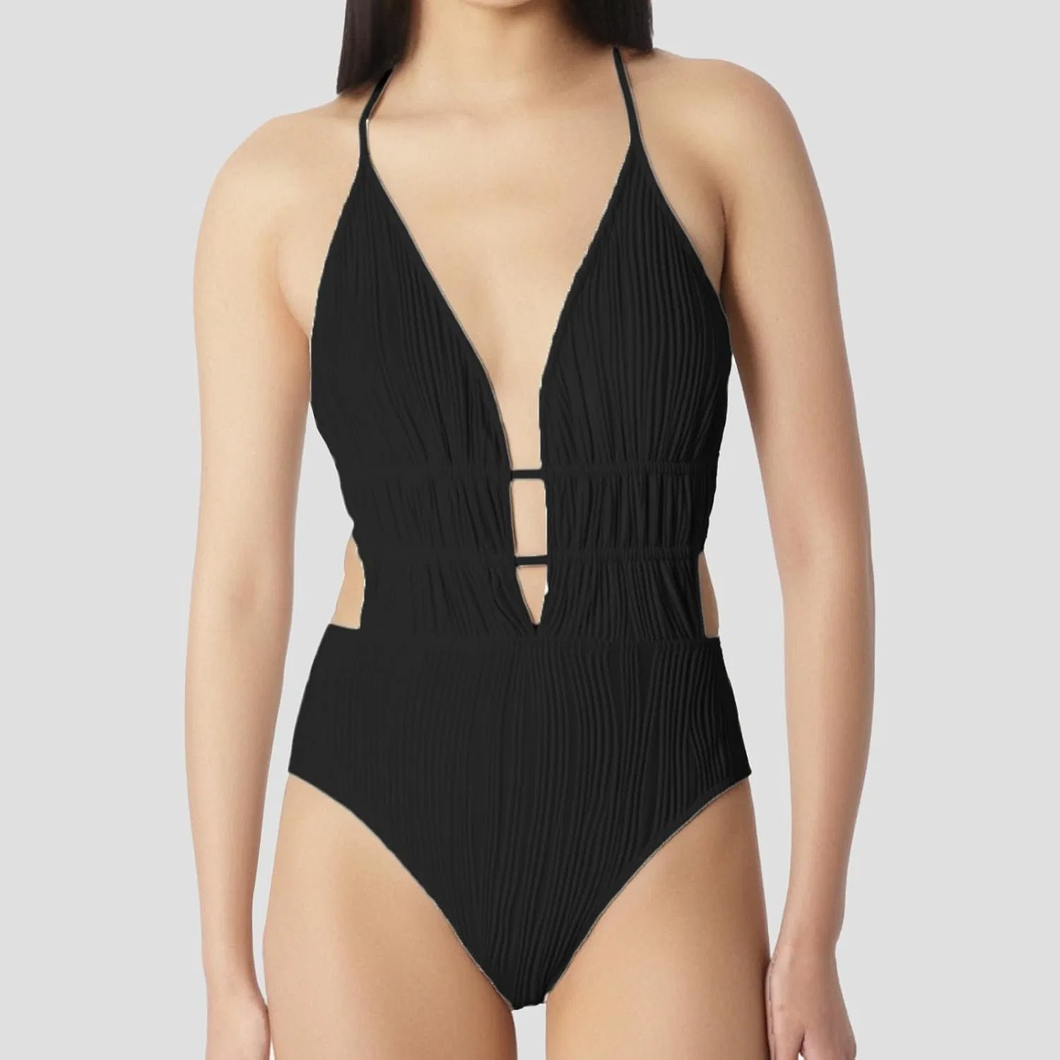 Женский слитный купальник с V-образным вырезом Ribbed, Black — фото 2