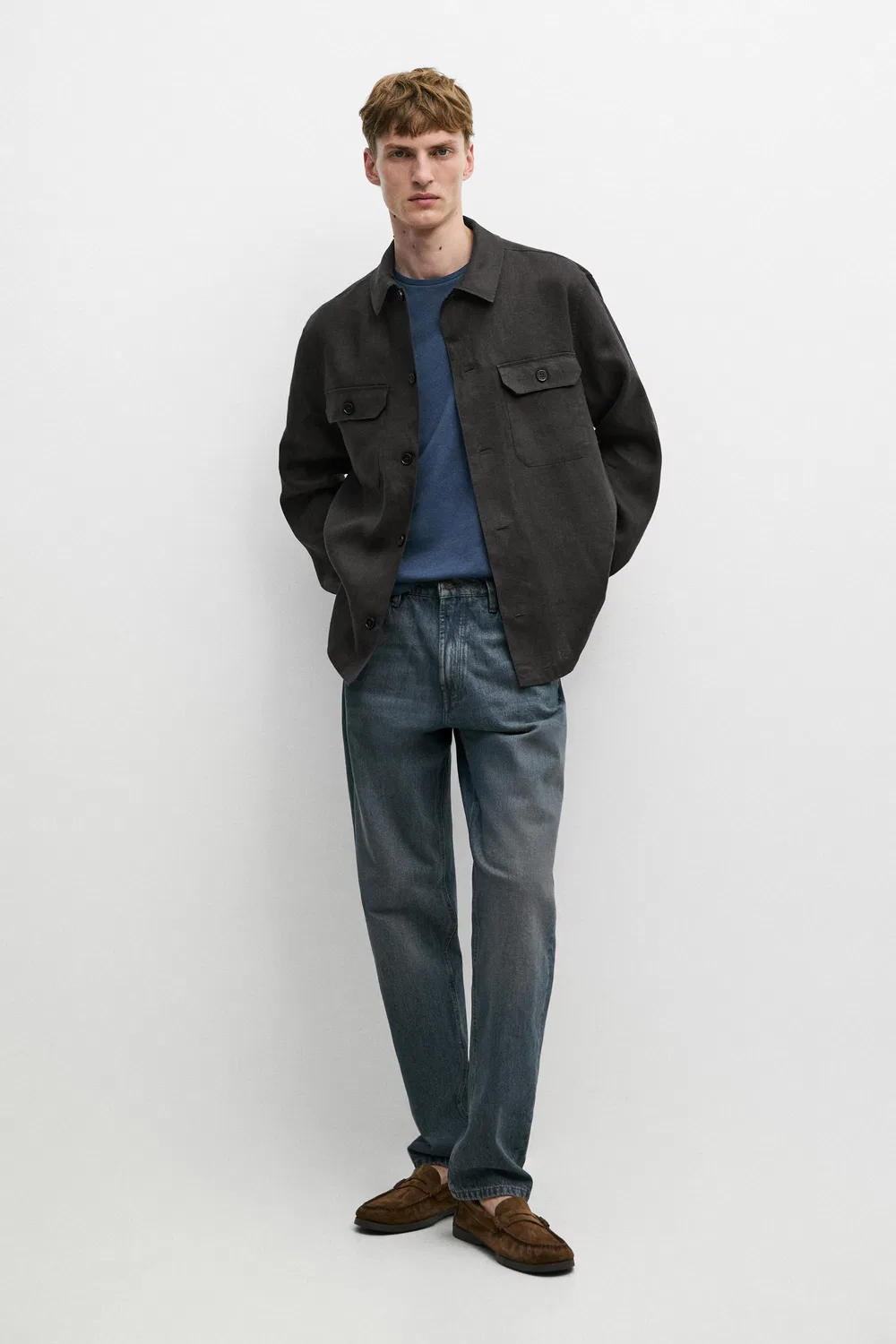 Льняная рубашка-куртка в стиле «Total Look» с карманами Massimo Dutti, сине-зеленый