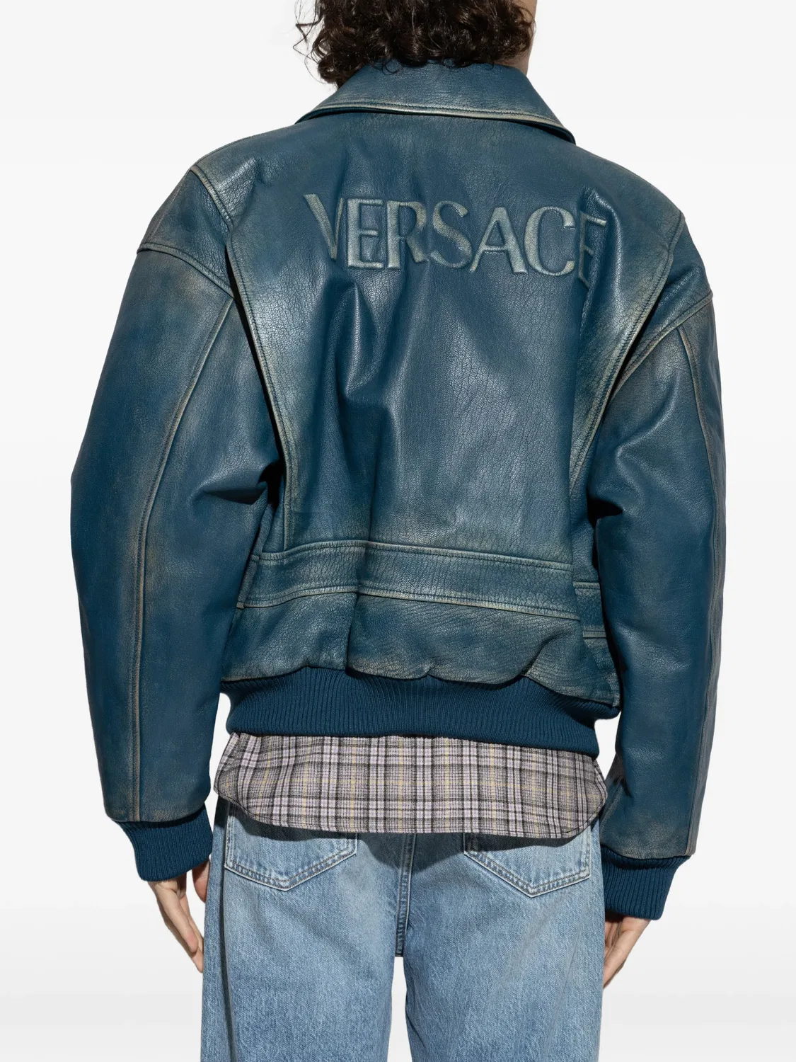 Кожаная куртка с карманом и молнией Versace, синий — фото 3