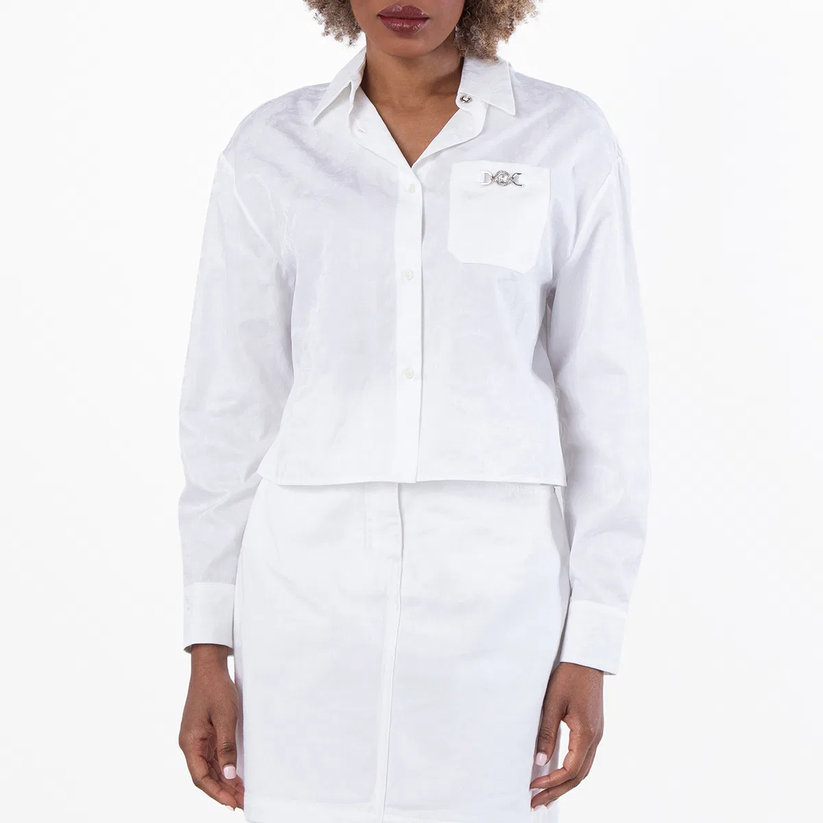 Женская укороченная рубашка из хлопка Barocco Jacquard Cropped Shirt Versace, Optical White