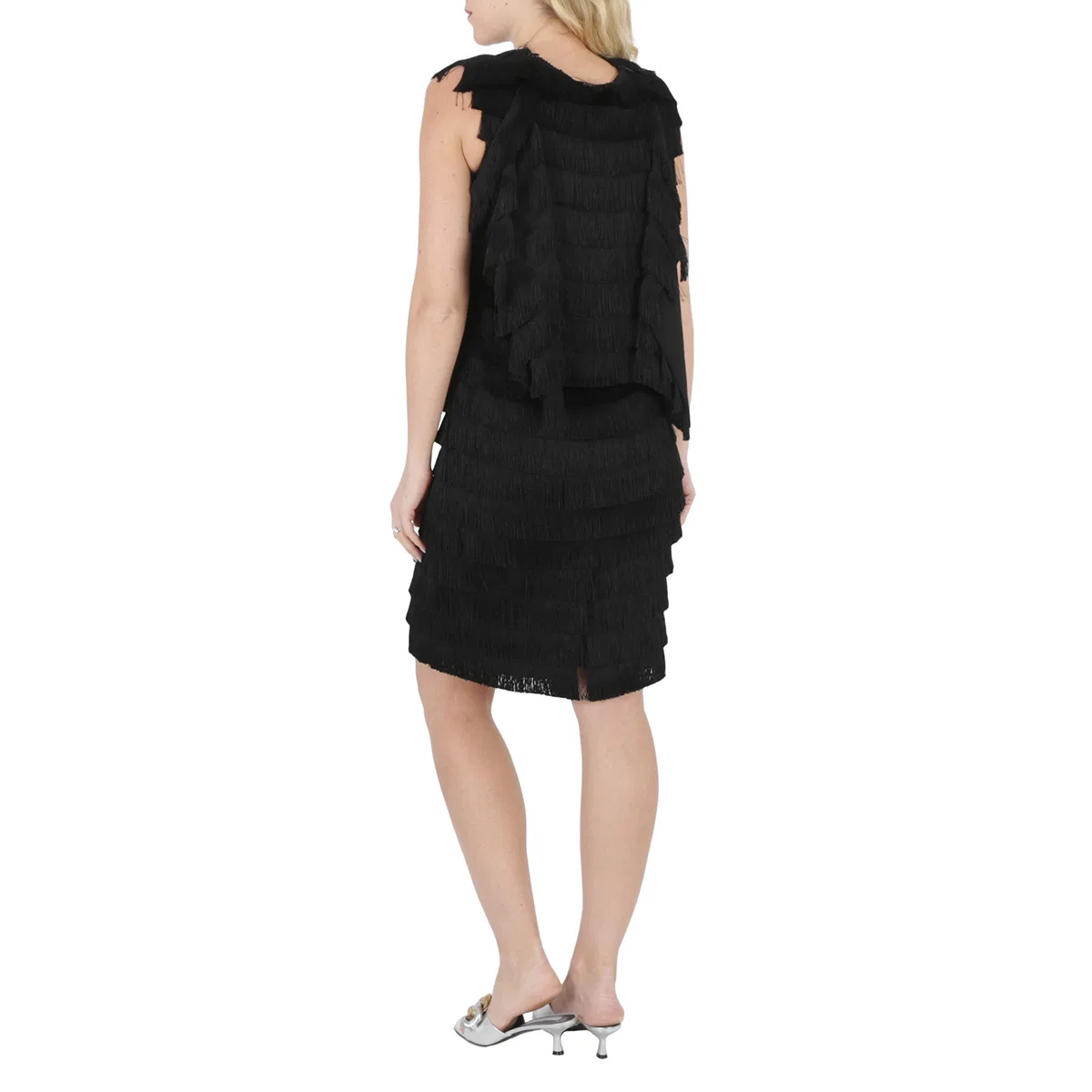 Платье миди без рукавов с бахромой Ladies Black Fringe Detail Silk Sleeveless Midi Dress Burberry, Black — фото 4