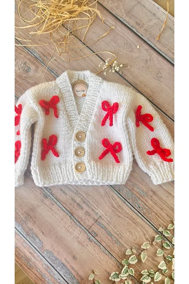 Детский кардиган для девочек хлопковый Hand-Knitted red bow Seraskids, White