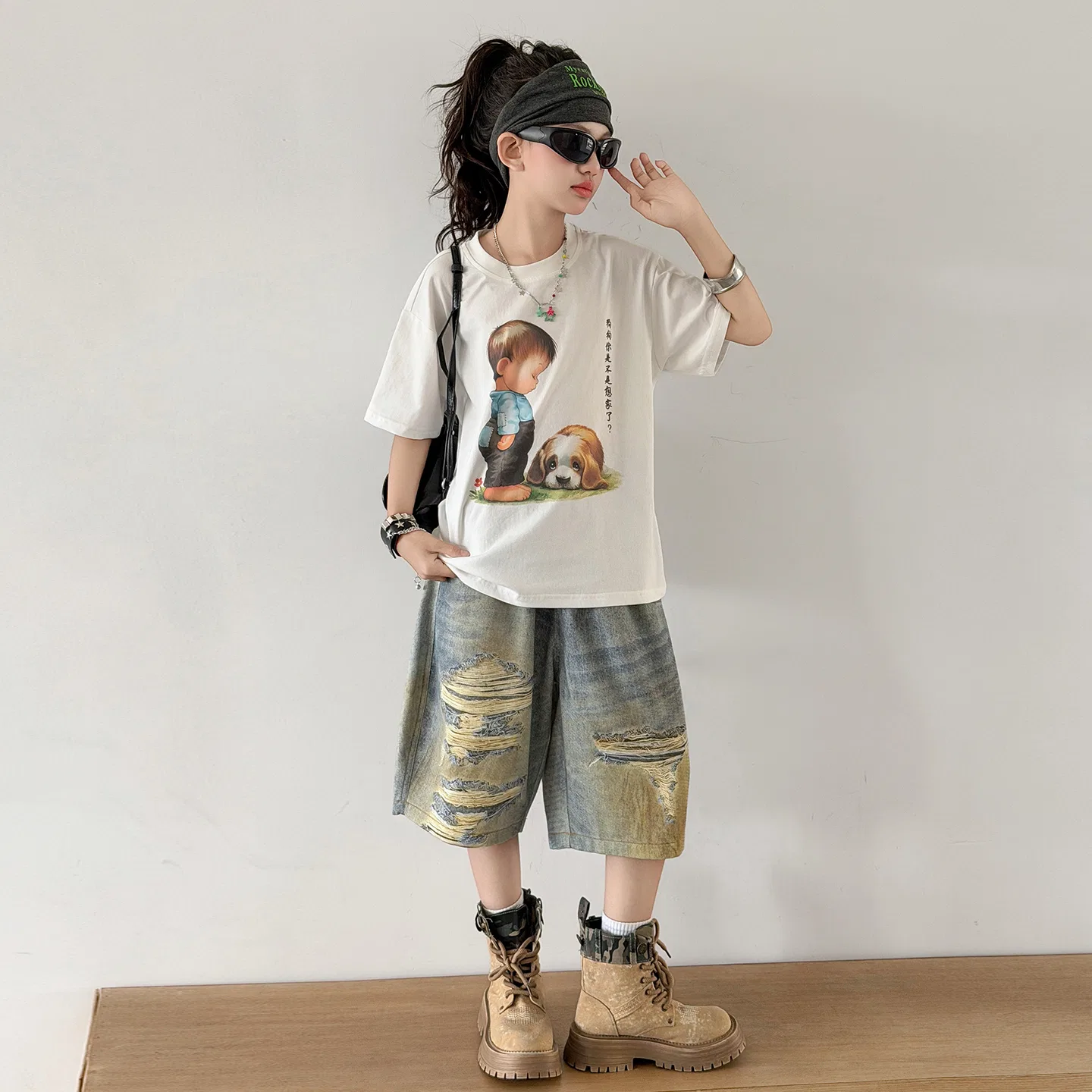 Детские джинсы капри с принтом Ripped Print Capri Pants TNTX — фото 4