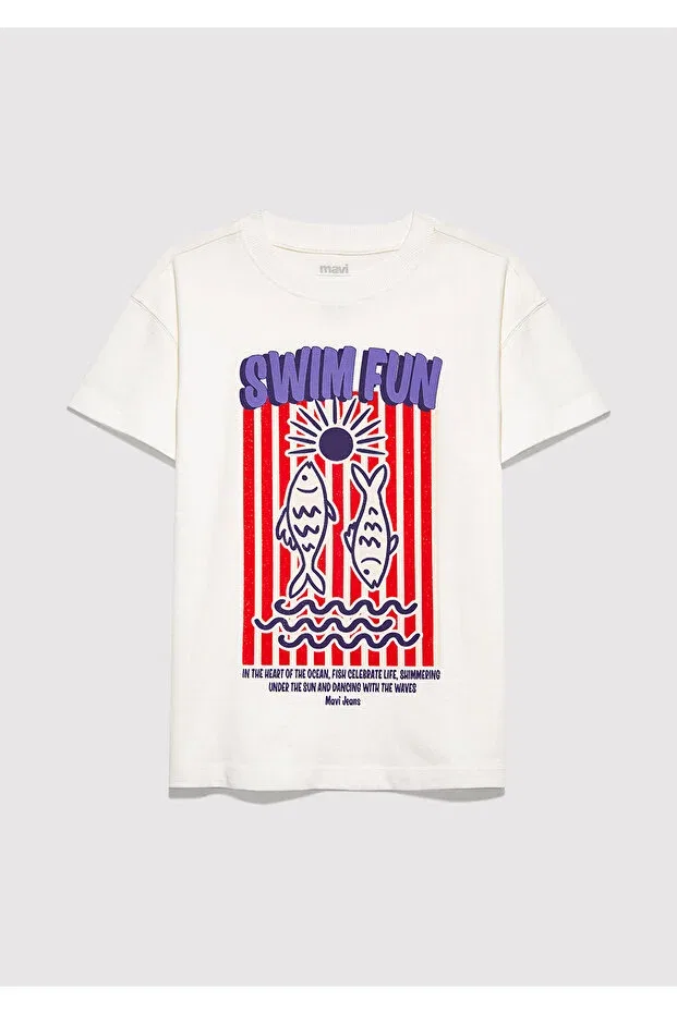 Детская футболка для девочек с принтом Swim Fun Printed Mavi, Ecru — фото 3