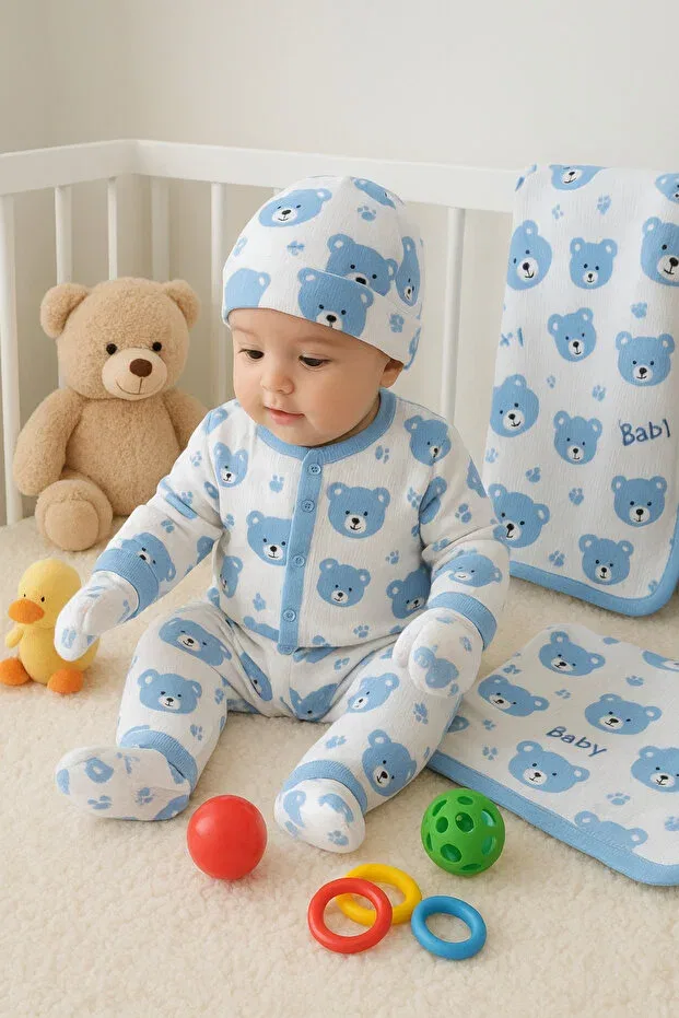 Детский комплект для новорожденных с принтом Blue Baby Teddy Bear Anne Dokunuşu Gibi Kuzum Bebe, Ekrumickey — фото 2