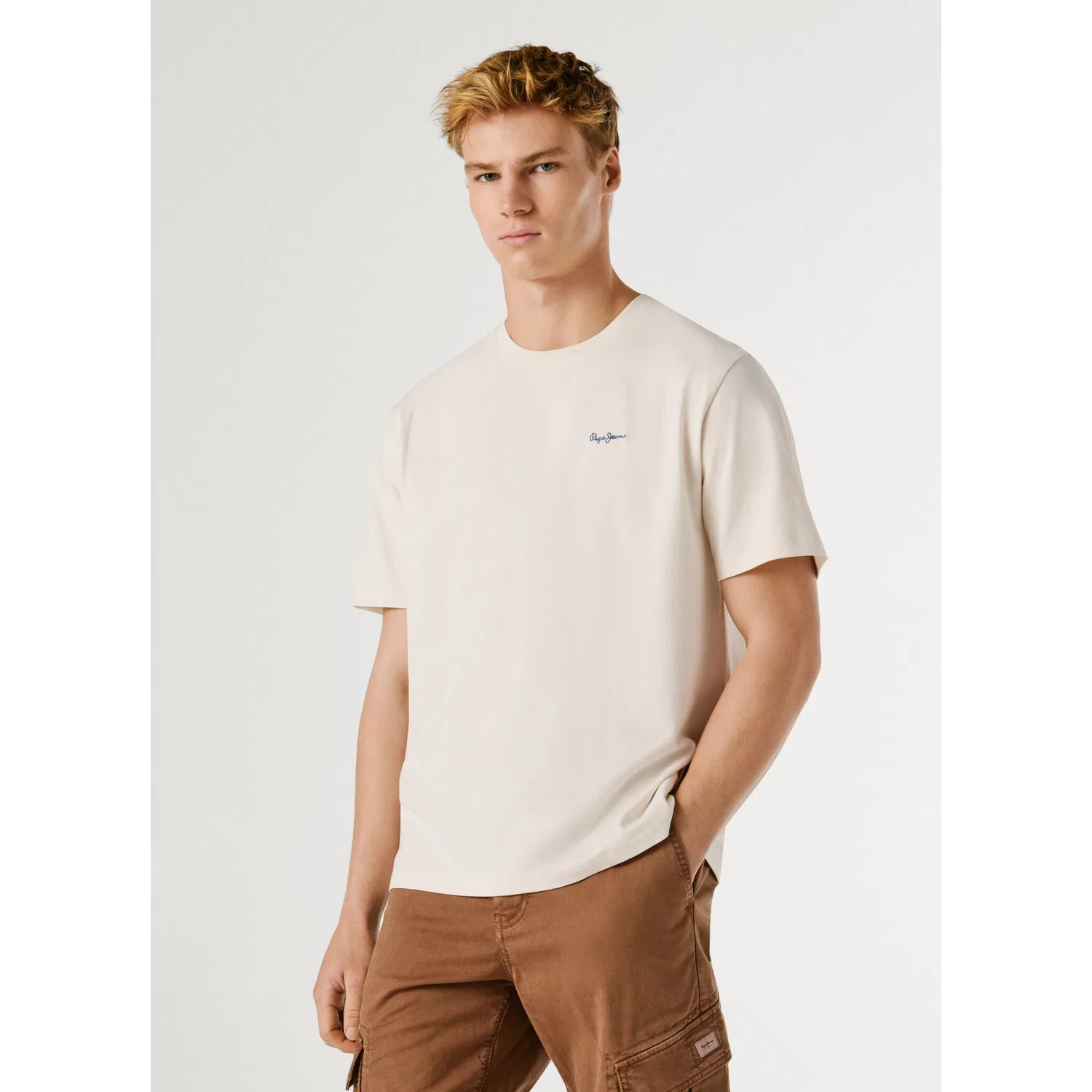 Детская хлопковая футболка с круглым вырезом и вышитым логотипом Pepe Jeans, Ivory White — фото 2