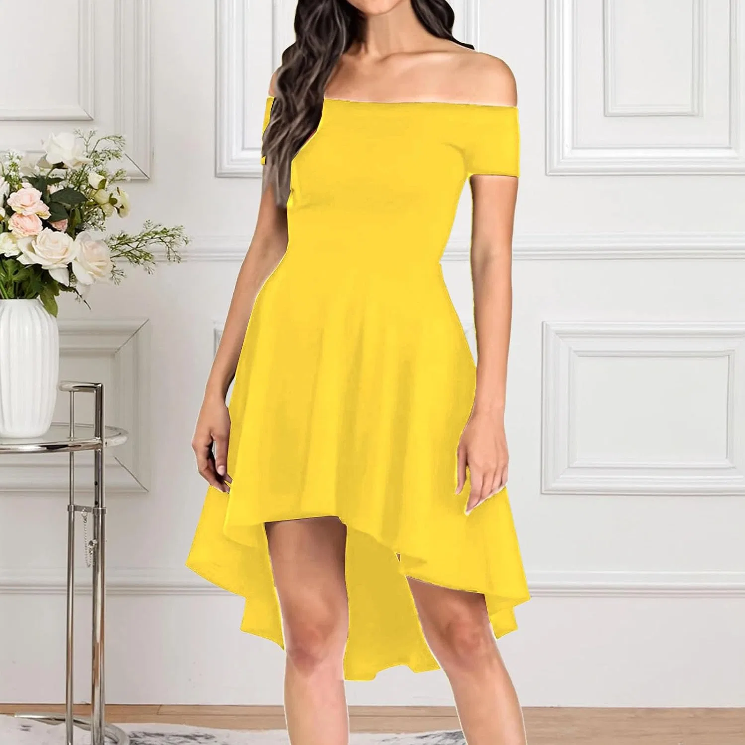 Женское коктейльное платье с открытыми плечами, Yellow — фото 2